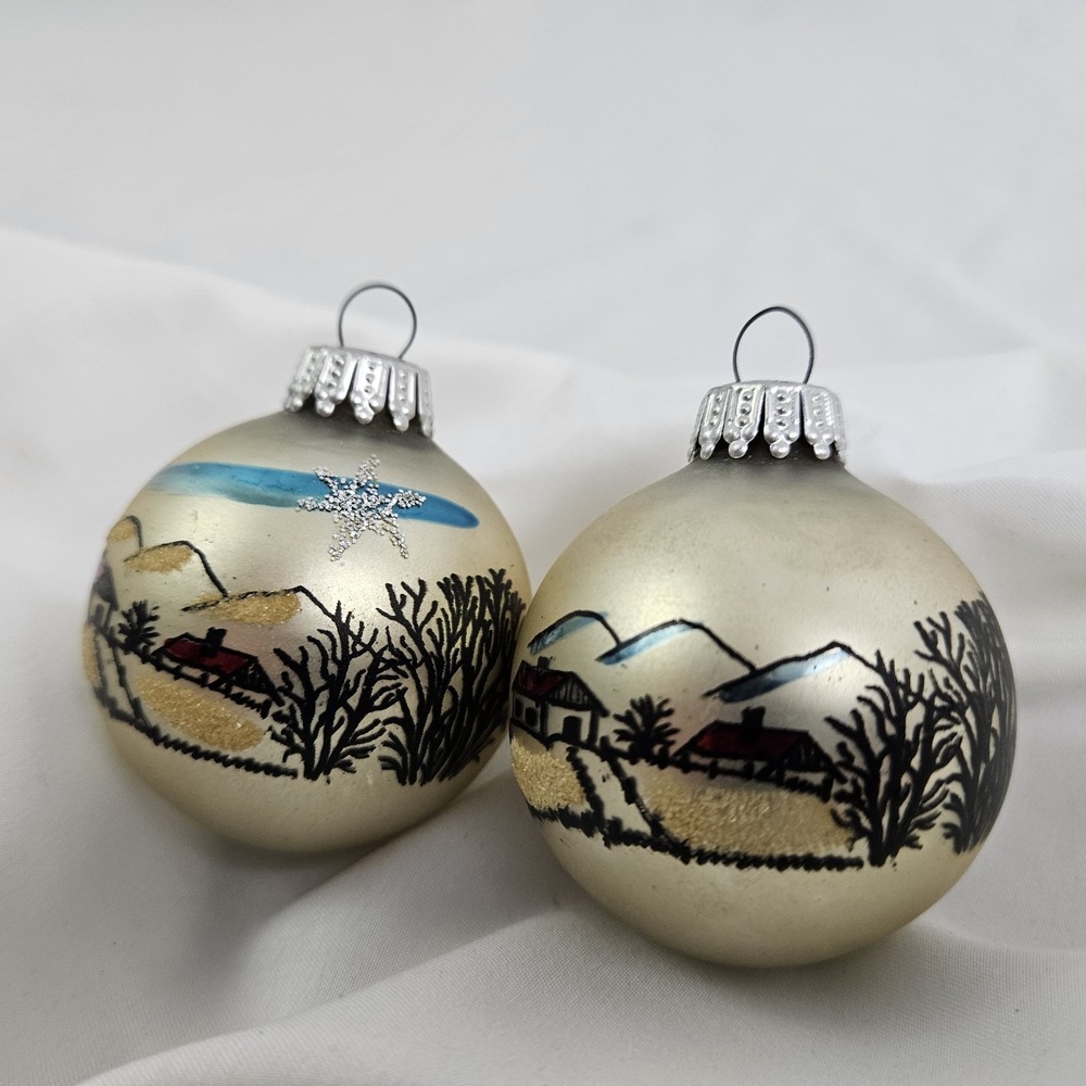 Vintage W Germany Satin Glass Hand Painted Christmas Ornaments Homestead Scene